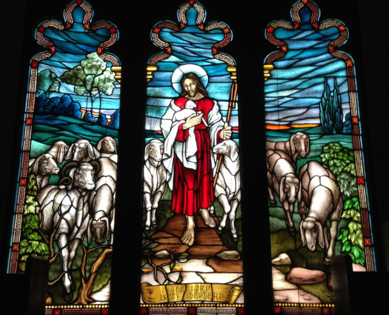 stain glass window of Jesus the good shepherd